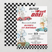 Leuke dieren Race Cars 1e verjaardag Fast ONE Kaart (Voorkant / Achterkant)