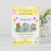 Leuke dieren roze geel baby shower save the date (Staand voorkant)
