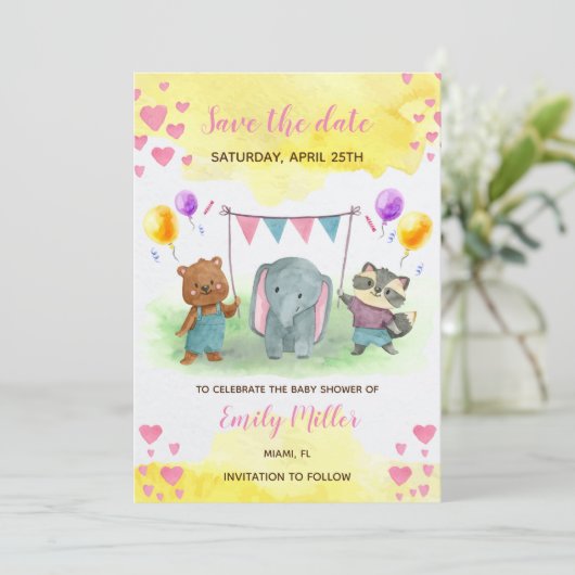 Leuke dieren roze geel baby shower save the date (Staand voorkant)