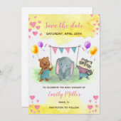 Leuke dieren roze geel baby shower save the date (Voorkant / Achterkant)