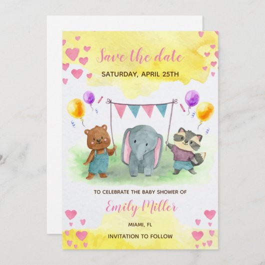 Leuke dieren roze geel baby shower save the date (Voorkant / Achterkant)