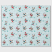Leuke dieren skiën en snowboarden op blauw cadeaupapier (Vlak)