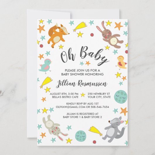 Leuke Dieren Ster en Maan Baby shower Uitnodiging (Voorkant)