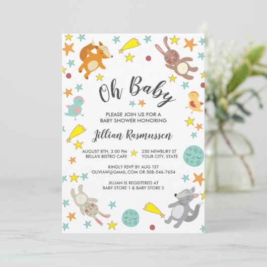Leuke Dieren Ster en Maan Baby shower Uitnodiging (Staand voorkant)