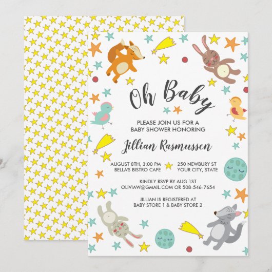 Leuke Dieren Ster en Maan Baby shower Uitnodiging (Voorkant / Achterkant)