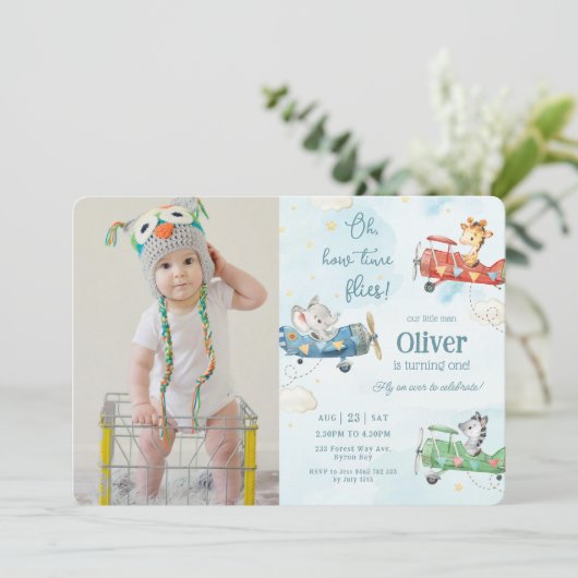 Leuke dieren vliegtuig avontuur tijd vliegt verjaa kaart (Staand voorkant)