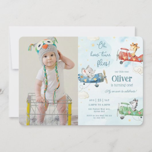 Leuke dieren vliegtuig avontuur tijd vliegt verjaa kaart (Voorkant)