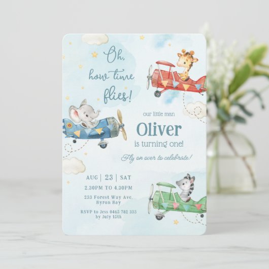 Leuke dieren vliegtuig avontuur tijd vliegt verjaa kaart (Staand voorkant)