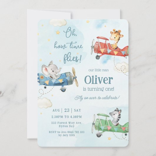 Leuke dieren vliegtuig avontuur tijd vliegt verjaa kaart (Voorkant)