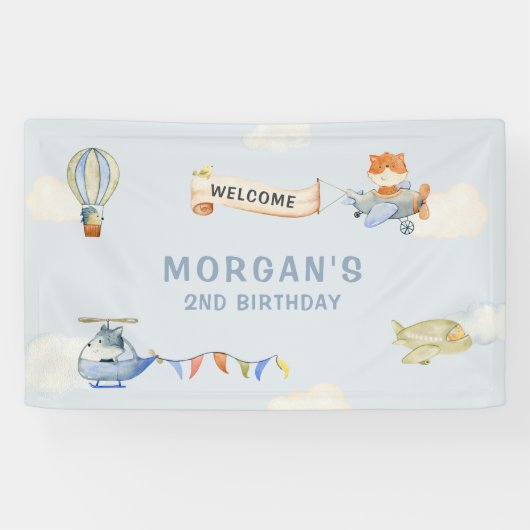 Leuke Dieren Vliegtuig Blauwe Verjaardag Banner (Horizontaal)