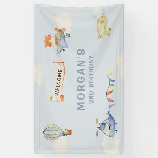 Leuke Dieren Vliegtuig Blauwe Verjaardag Banner (Verticaal)