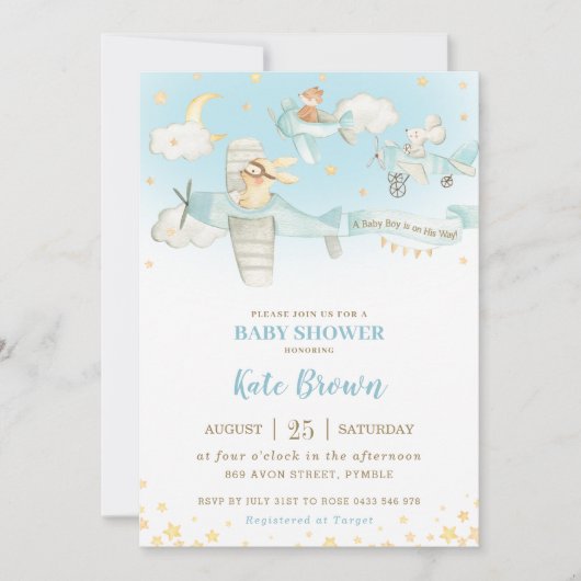 Leuke Dieren Vliegtuigen Sterren Sky Baby shower B Kaart (Voorkant)
