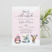 Leuke dieren winter baby meisje douche kaart (Staand voorkant)
