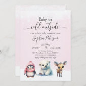 Leuke dieren winter baby meisje douche kaart (Voorkant / Achterkant)