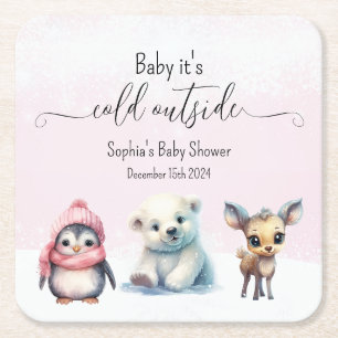 Leuke dieren winter baby meisje douche kartonnen onderzetters