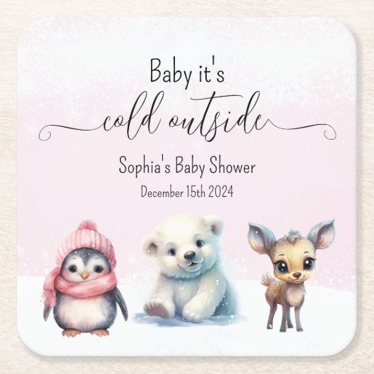 Leuke dieren winter baby meisje douche kartonnen onderzetters (Voorkant)