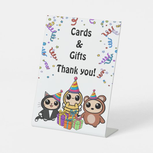 Leuke dierlijke verjaardagskaarten en cadeaus tafe reclamebord met voetstuk (Voorkant)