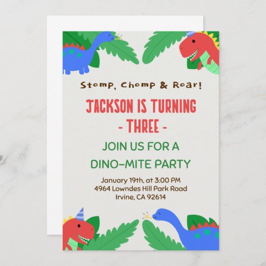 Leuke Dino-feesttemplate voor kinderen Kaart (Voorkant / Achterkant)