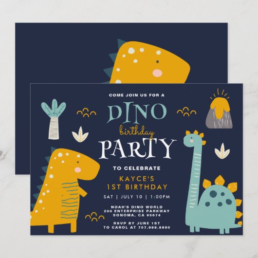 Leuke Dino Party Eerste Verjaardag Kaart (Voorkant / Achterkant)
