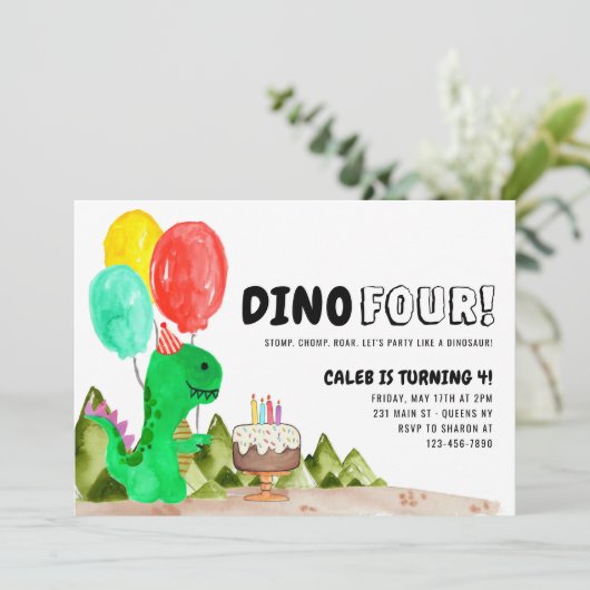 Leuke Dino VIER balloncake Dinosaurus 4e verjaarda Kaart (Staand voorkant)