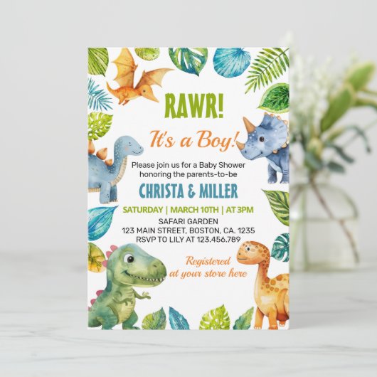 Leuke dinosaurus Baby shower uitnodiging (Staand voorkant)