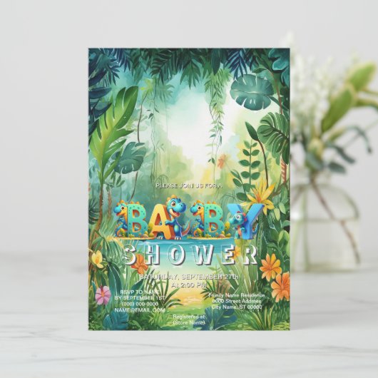 Leuke dinosaurus Baby shower uitnodiging (Staand voorkant)
