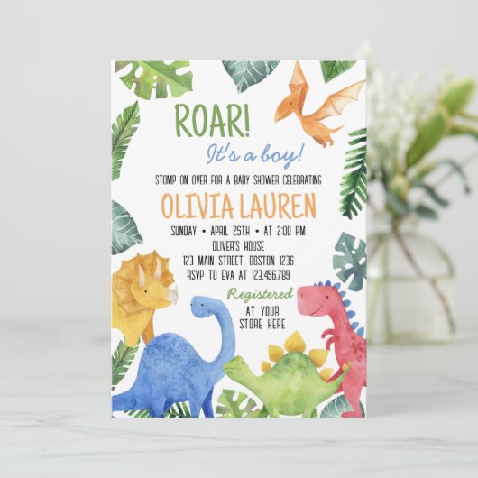 Leuke dinosaurus Baby shower uitnodiging (Staand voorkant)