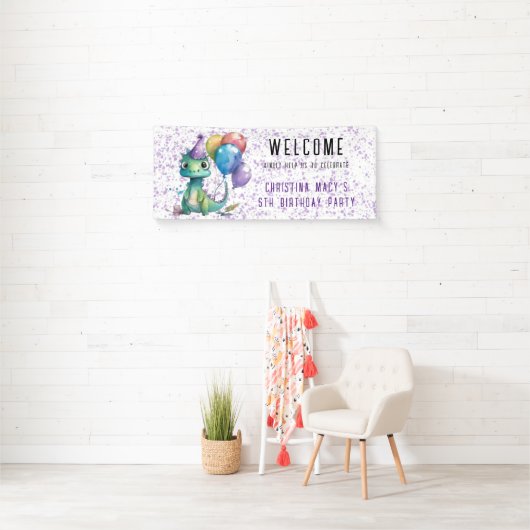 Leuke dinosaurus ballonnen meisje verjaardagsfeest spandoek (Insitu)