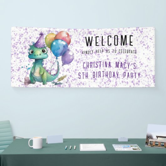 Leuke dinosaurus ballonnen meisje verjaardagsfeest spandoek (Beurs)