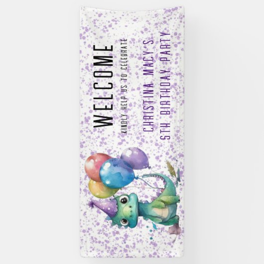 Leuke dinosaurus ballonnen meisje verjaardagsfeest spandoek (Verticaal)