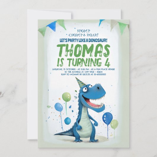 Leuke Dinosaurus Blauw en Groene Verjaardag Kaart (Voorkant)