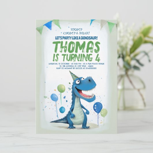 Leuke Dinosaurus Blauw en Groene Verjaardag Kaart (Staand voorkant)