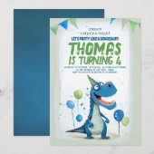 Leuke Dinosaurus Blauw en Groene Verjaardag Kaart (Voorkant / Achterkant)