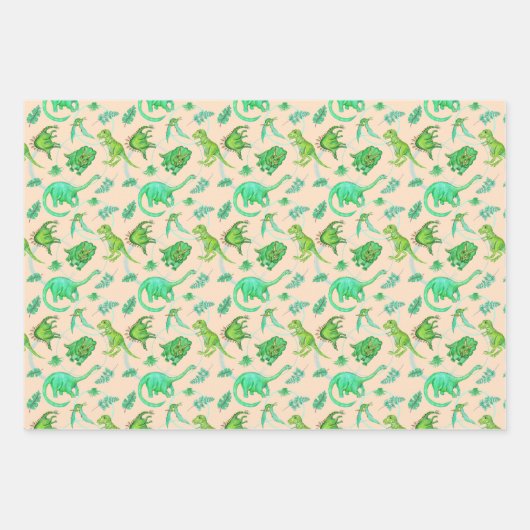 Leuke dinosaurus cadeauverpakking in drie kleuren inpakpapier vel (Voorkant 3)