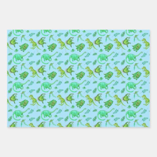 Leuke dinosaurus cadeauverpakking in drie kleuren inpakpapier vel (Voorkant 2)