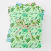 Leuke dinosaurus cadeauverpakking in drie kleuren inpakpapier vel (In situ)