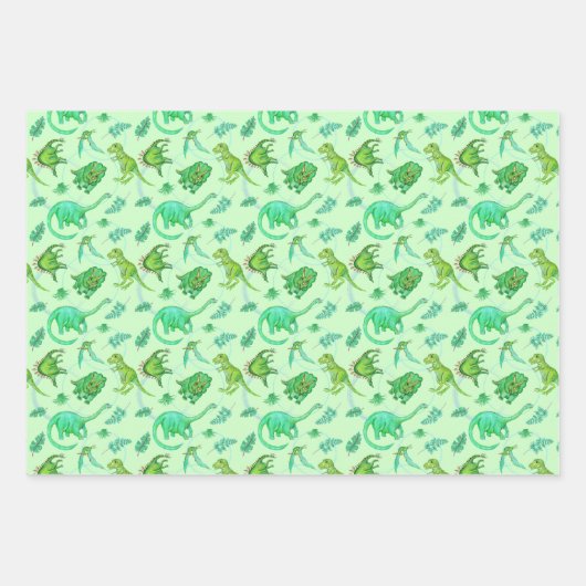 Leuke dinosaurus cadeauverpakking in drie kleuren inpakpapier vel (Voorkant)