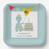 Leuke dinosaurus cake poederblauw 1e verjaardag papieren bordje (Voorkant)
