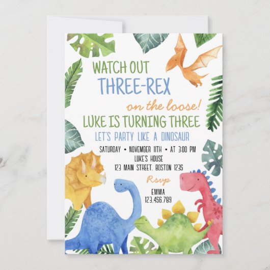 Leuke Dinosaurus Drie-rex Verjaardag Uitnodiging (Voorkant)