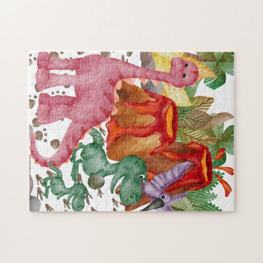 Leuke dinosaurus en uitbarstende vulkaan puzzel legpuzzel (Horizontaal)