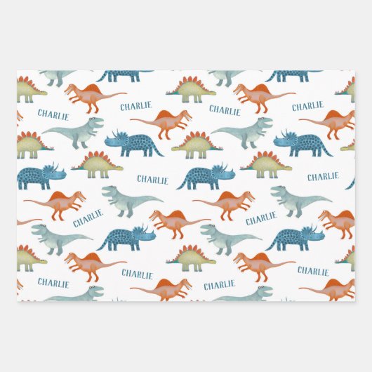 Leuke dinosaurus gepersonaliseerde naam inpakpapier vel (Voorkant)