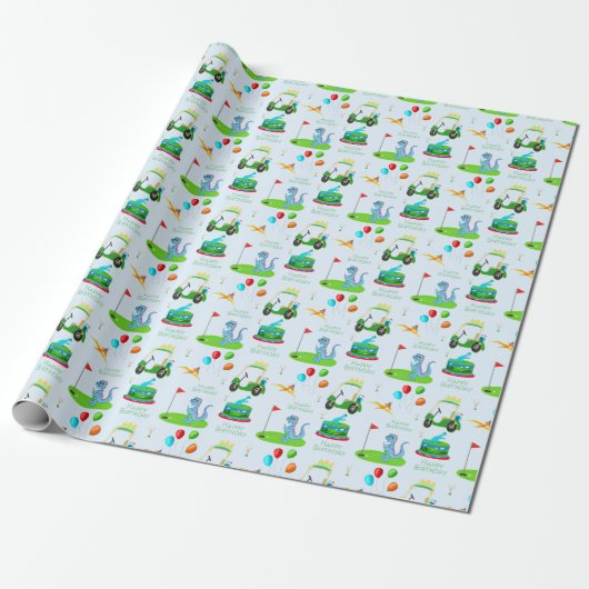 Leuke dinosaurus golfthema Kinder Happy Birthday Cadeaupapier (Uitgerold)