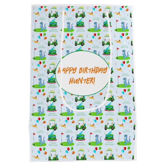 Leuke dinosaurus golfthema Kinder Happy Birthday Medium Cadeauzakje (Achterkant)