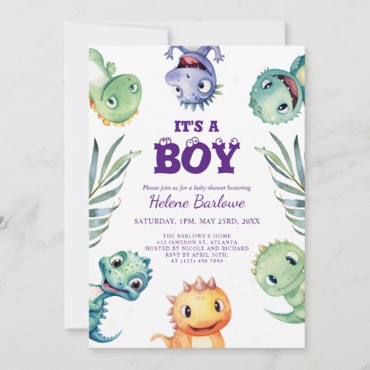 Leuke dinosaurus Het is een jongen Baby shower Kaart (Voorkant)