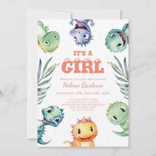 Leuke dinosaurus Het is een meisje Baby shower Kaart (Voorkant)