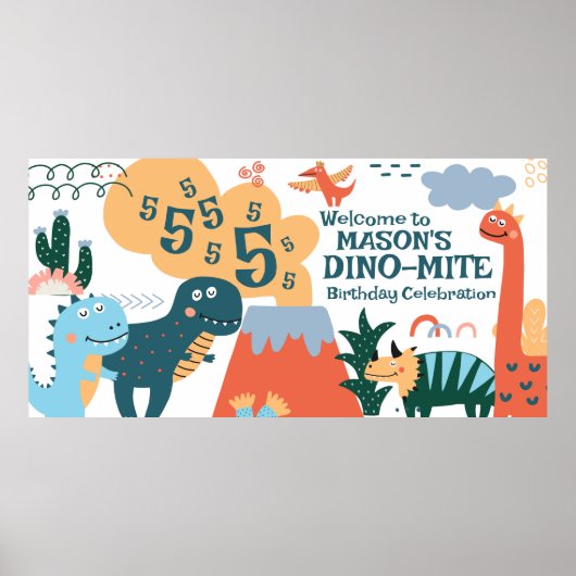 Leuke Dinosaurus Kids Verjaardagsfeestbanner Poster (Voorkant)