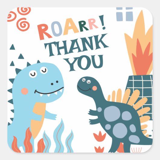 Leuke Dinosaurus Kids Verjaardagsfeestje Dank u Vierkante Sticker (Voorkant)
