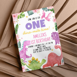 Leuke dinosaurus meisje 1e verjaardag uitnodiging