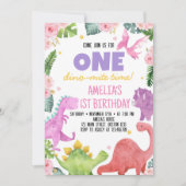 Leuke dinosaurus meisje 1e verjaardag uitnodiging (Voorkant)