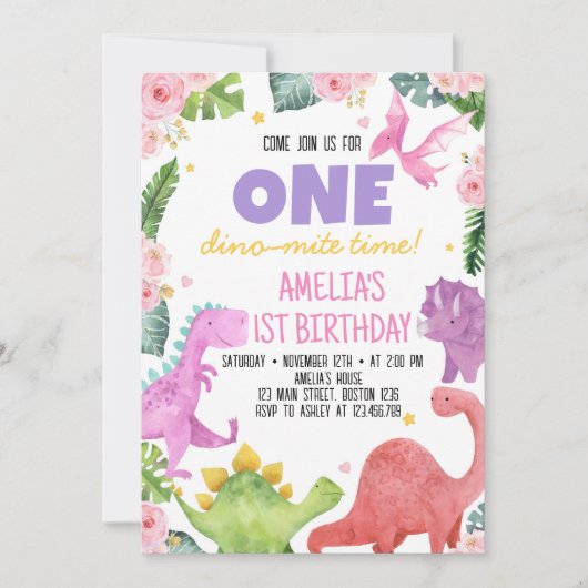 Leuke dinosaurus meisje 1e verjaardag uitnodiging (Voorkant)
